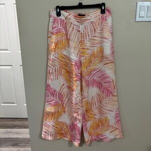 Tahari Pink & Yellow Tropical Wide-Leg Linen Pants